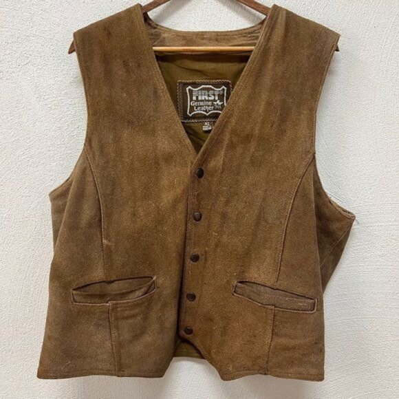 First Men's Genuine Leather Vest Jacket Front Button V Neck Brown Size X Large - Picture 1 of 8